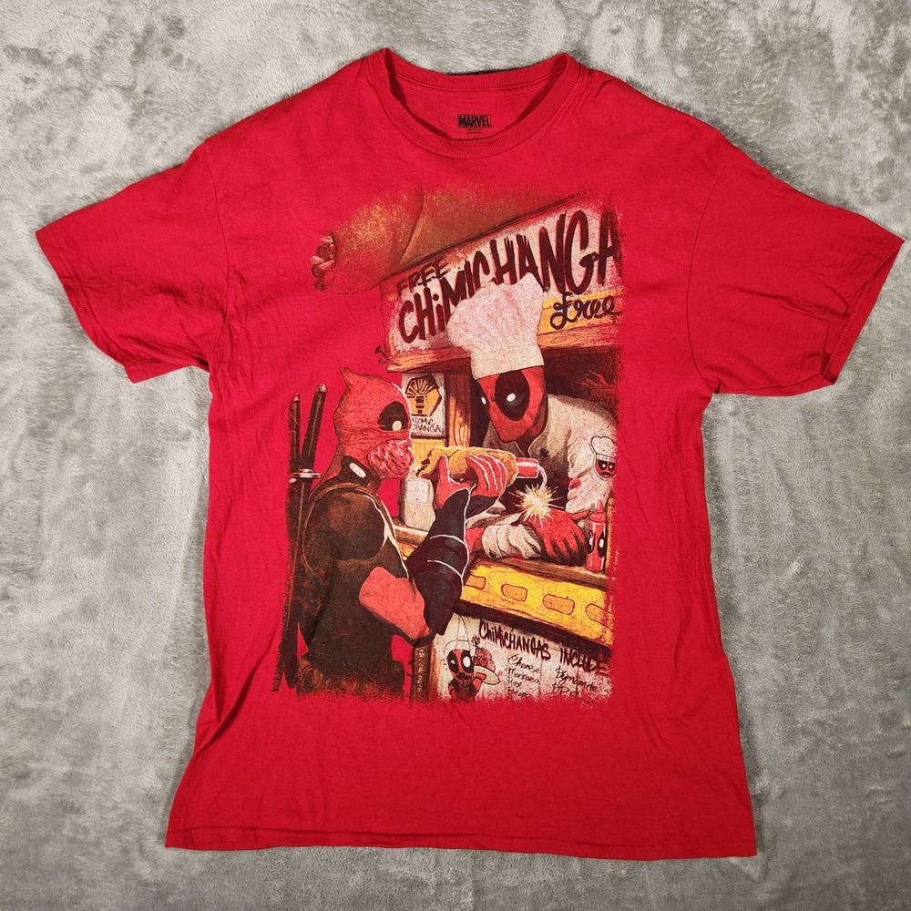 Marvel‎ Deadpool T-Shirt Mens Large Red Excellent Chimichanga Graphic Tee